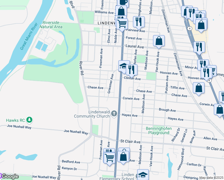 map of restaurants, bars, coffee shops, grocery stores, and more near 3211 Griesmer Avenue in Hamilton