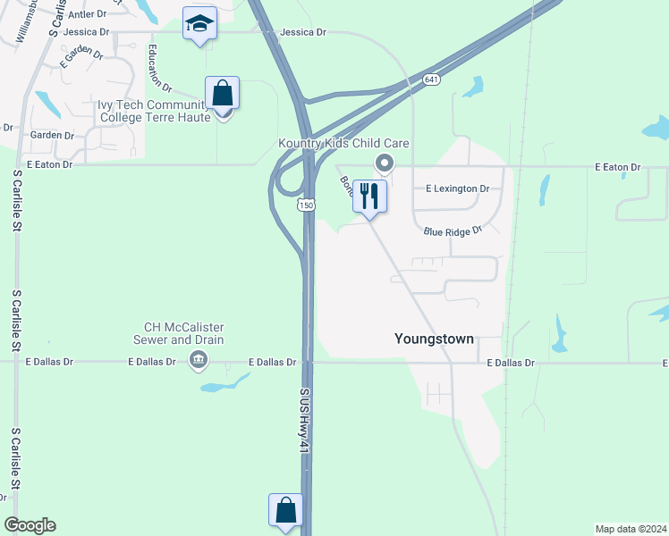 map of restaurants, bars, coffee shops, grocery stores, and more near 8450 U.S. 41 in Terre Haute