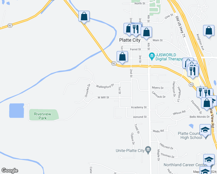 map of restaurants, bars, coffee shops, grocery stores, and more near 1100 Wallingford Drive in Platte City