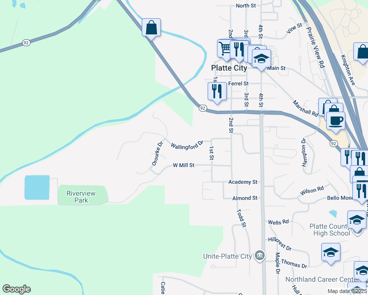 map of restaurants, bars, coffee shops, grocery stores, and more near 15 Wallingford Drive in Platte City