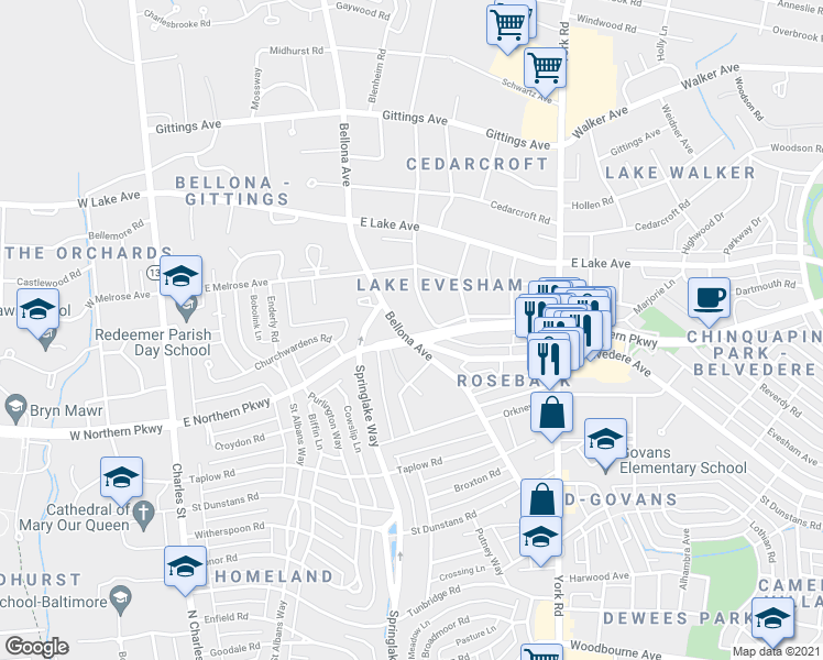 map of restaurants, bars, coffee shops, grocery stores, and more near 6001 Bellona Avenue in Baltimore