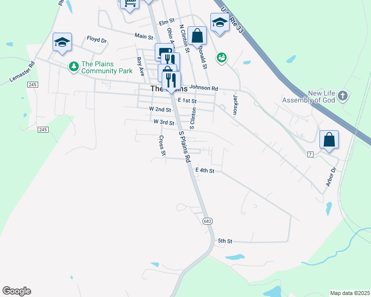map of restaurants, bars, coffee shops, grocery stores, and more near South Plains Road in Athens