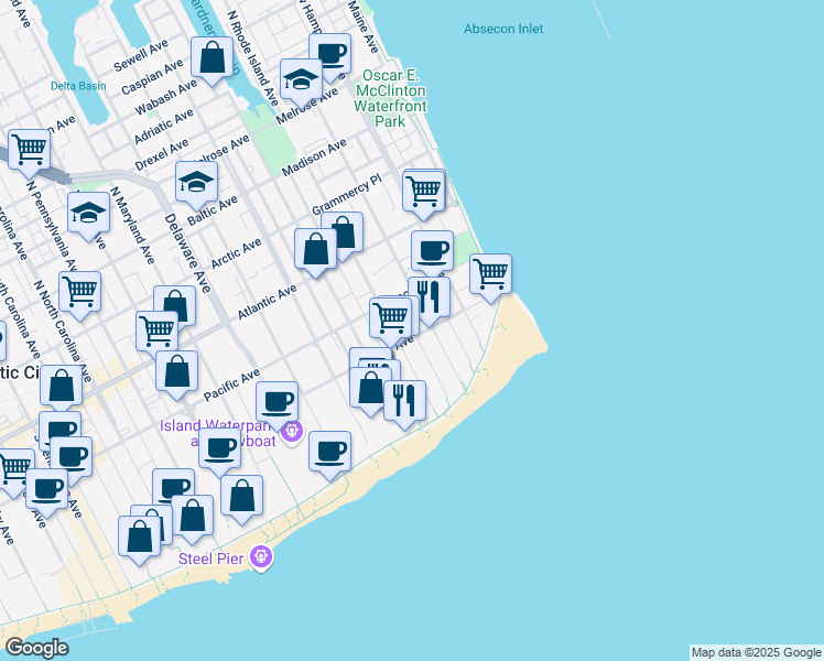 map of restaurants, bars, coffee shops, grocery stores, and more near 311 Oriental Avenue in Atlantic City