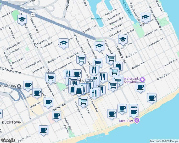 map of restaurants, bars, coffee shops, grocery stores, and more near 124 North North Carolina Avenue in Atlantic City