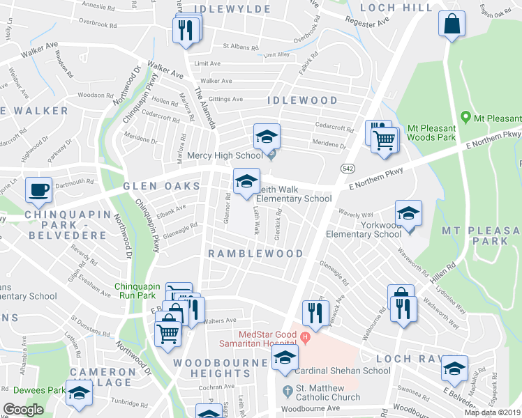 map of restaurants, bars, coffee shops, grocery stores, and more near 5945 Leith Walk in Baltimore