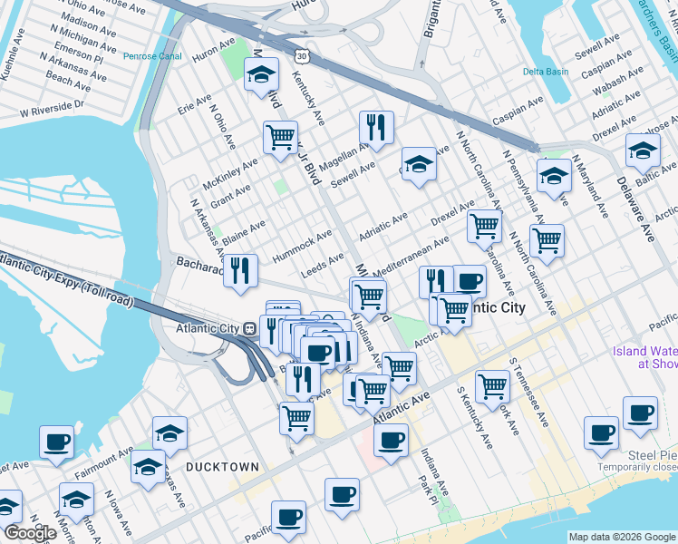 map of restaurants, bars, coffee shops, grocery stores, and more near 311 North Indiana Avenue in Atlantic City
