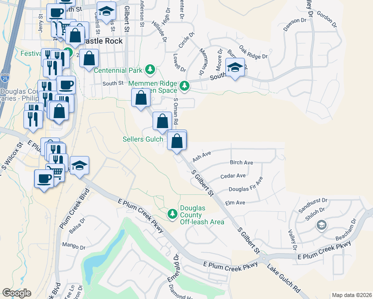 map of restaurants, bars, coffee shops, grocery stores, and more near 920 Bishop Court in Castle Rock