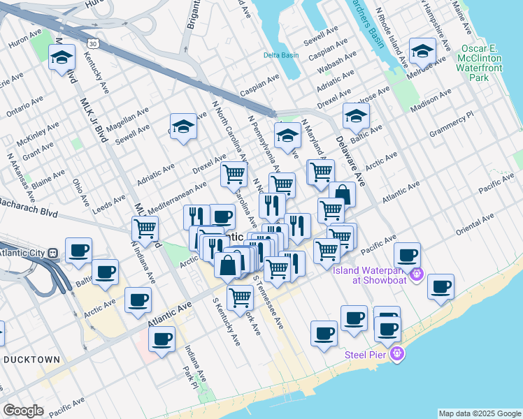 map of restaurants, bars, coffee shops, grocery stores, and more near 1201 Bacharach Boulevard in Atlantic City