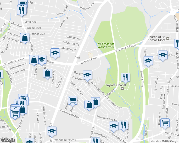 map of restaurants, bars, coffee shops, grocery stores, and more near 5601 Loch Raven Boulevard in Baltimore