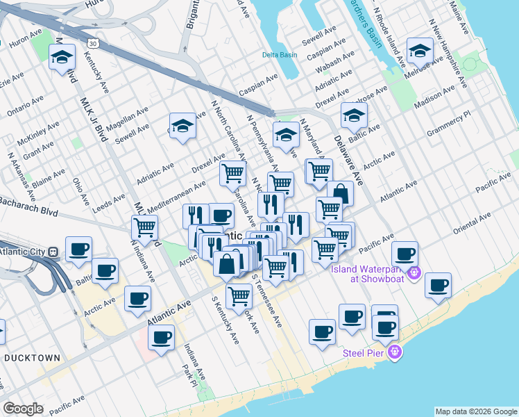 map of restaurants, bars, coffee shops, grocery stores, and more near 1201 Bacharach Boulevard in Atlantic City