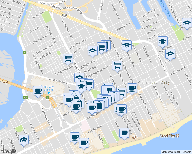 map of restaurants, bars, coffee shops, grocery stores, and more near 1531 C Morris Cain Place in Atlantic City