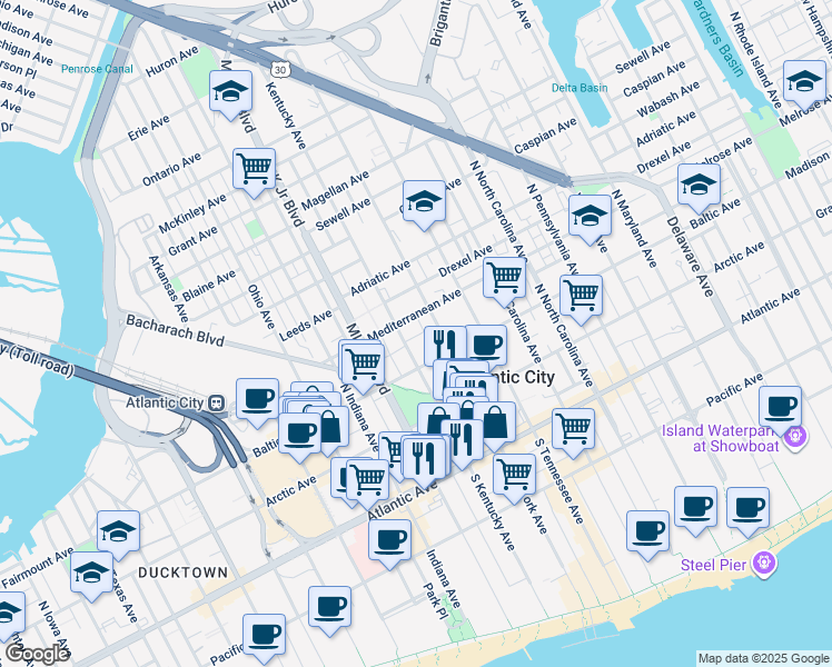 map of restaurants, bars, coffee shops, grocery stores, and more near 1531 C Morris Cain Place in Atlantic City