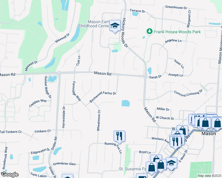 map of restaurants, bars, coffee shops, grocery stores, and more near 5116 Birchwood Farms Drive in Mason