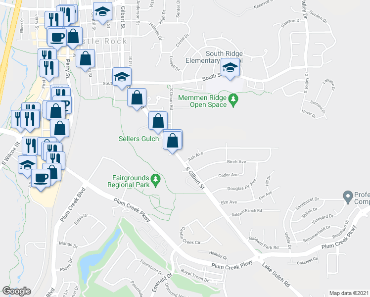 map of restaurants, bars, coffee shops, grocery stores, and more near 930 Bishop Court in Castle Rock