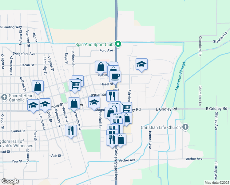 map of restaurants, bars, coffee shops, grocery stores, and more near 1639 California 99 in Gridley
