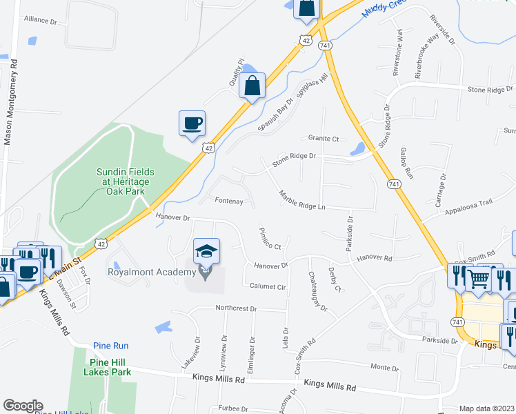 map of restaurants, bars, coffee shops, grocery stores, and more near 4174 Marival Way in Mason