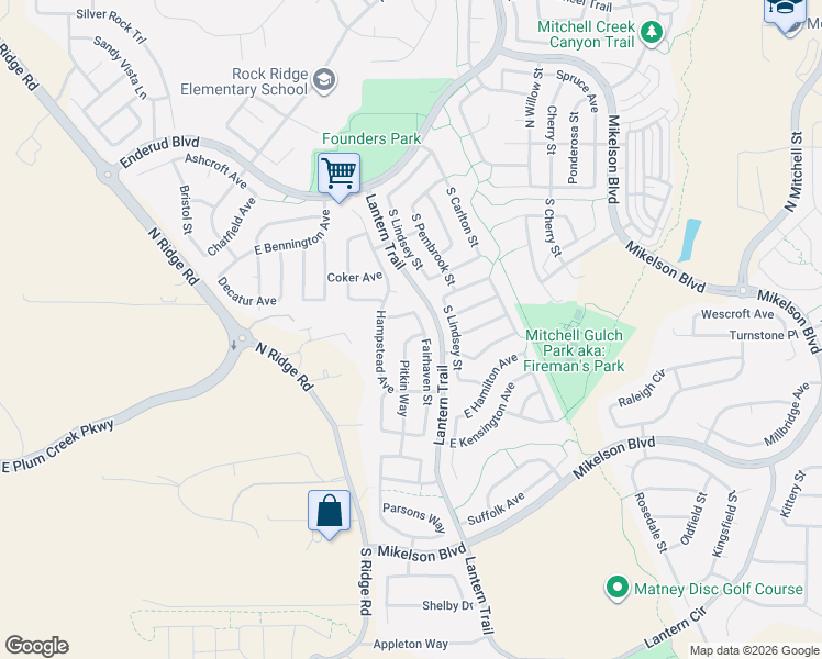 map of restaurants, bars, coffee shops, grocery stores, and more near 602 Pitkin Way in Castle Rock