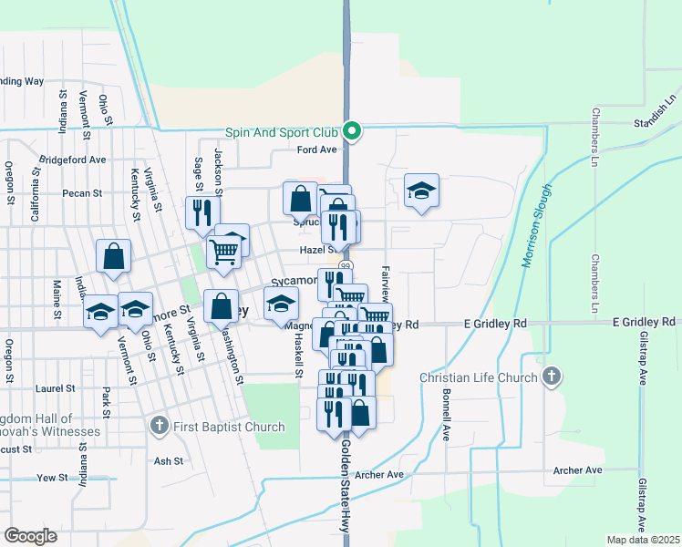 map of restaurants, bars, coffee shops, grocery stores, and more near 1639 California 99 in Gridley