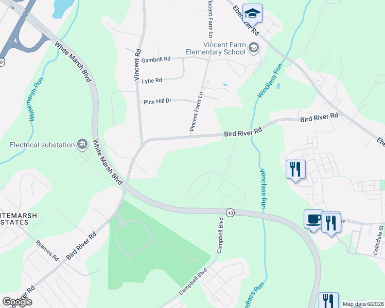 map of restaurants, bars, coffee shops, grocery stores, and more near 10395 Bird River Road in Middle River