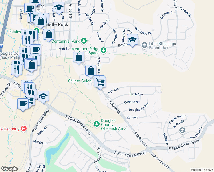 map of restaurants, bars, coffee shops, grocery stores, and more near 101 Ash Avenue in Castle Rock
