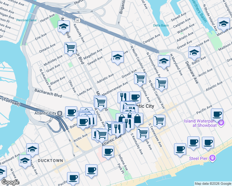 map of restaurants, bars, coffee shops, grocery stores, and more near 224 North Kentucky Avenue in Atlantic City