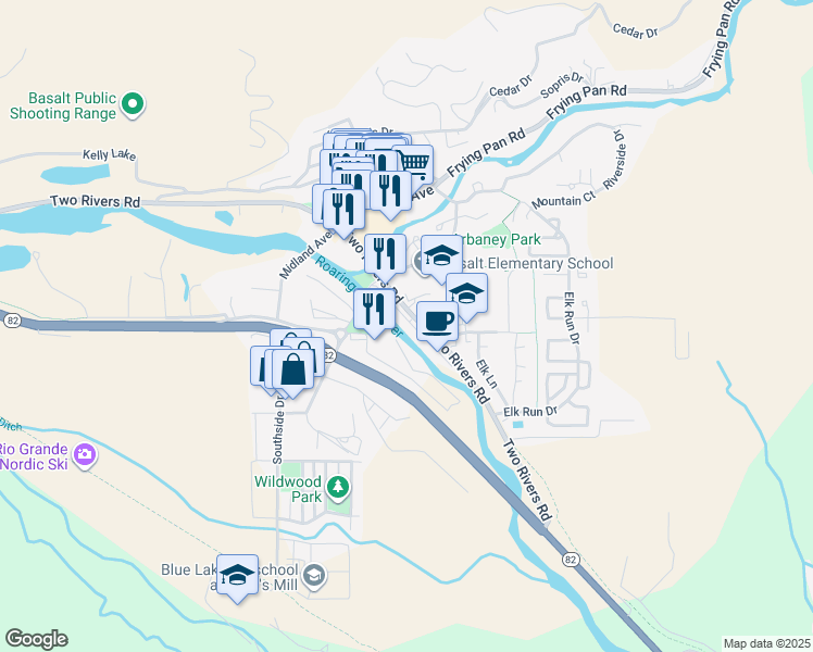 map of restaurants, bars, coffee shops, grocery stores, and more near 23284 2 Rivers Road in Basalt