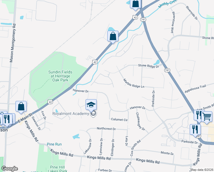 map of restaurants, bars, coffee shops, grocery stores, and more near 4368 Hanover Drive in Mason