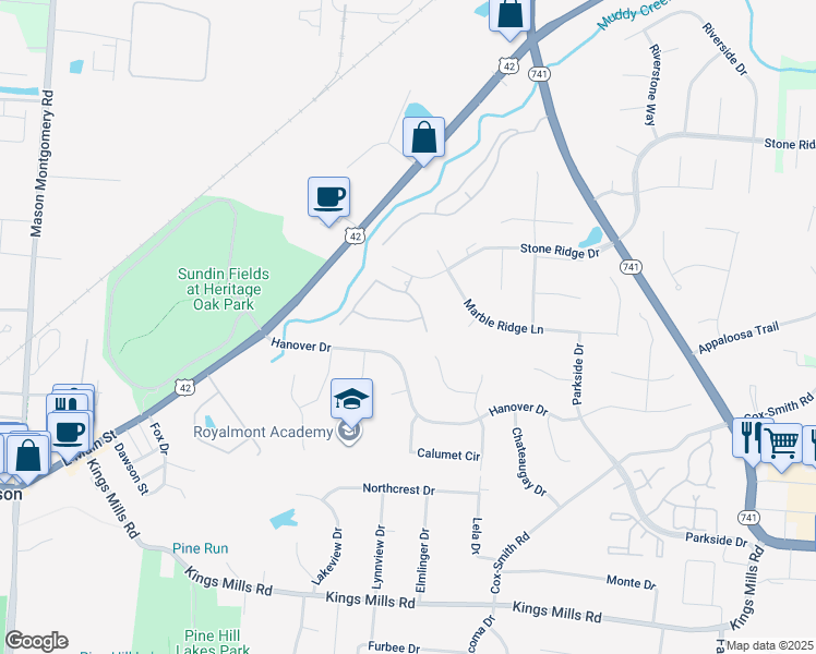 map of restaurants, bars, coffee shops, grocery stores, and more near 4201 Fontenay in Mason