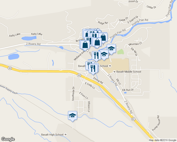 map of restaurants, bars, coffee shops, grocery stores, and more near Basalt Avenue in Basalt