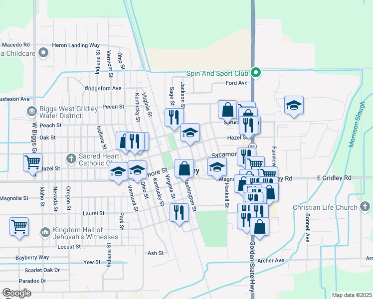 map of restaurants, bars, coffee shops, grocery stores, and more near 581 Jackson Street in Gridley