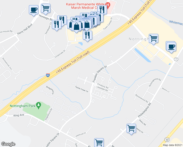 map of restaurants, bars, coffee shops, grocery stores, and more near 386 Attenborough Drive in Baltimore