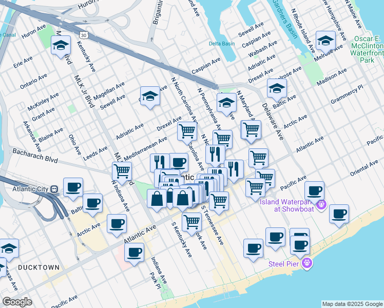map of restaurants, bars, coffee shops, grocery stores, and more near 66 North South Carolina Avenue in Atlantic City