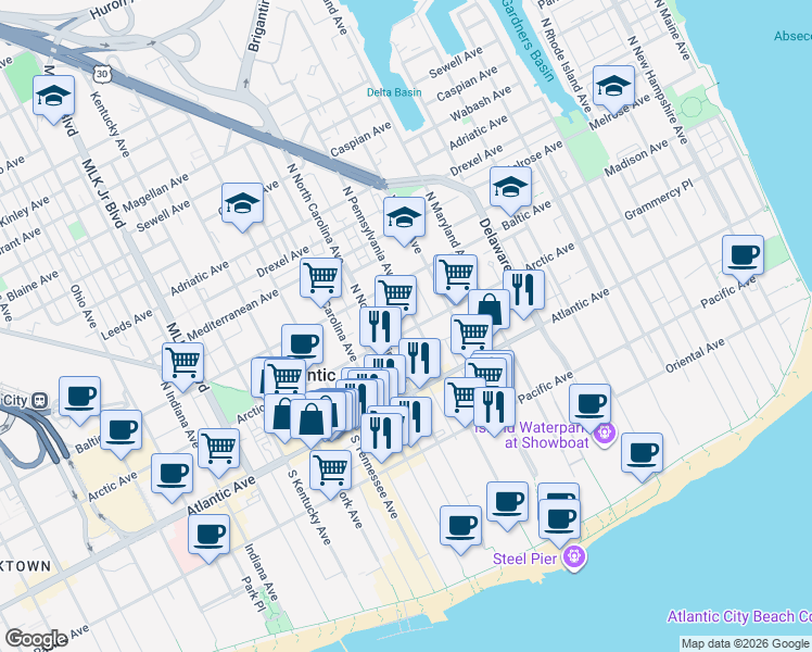 map of restaurants, bars, coffee shops, grocery stores, and more near 30 North Pennsylvania Avenue in Atlantic City