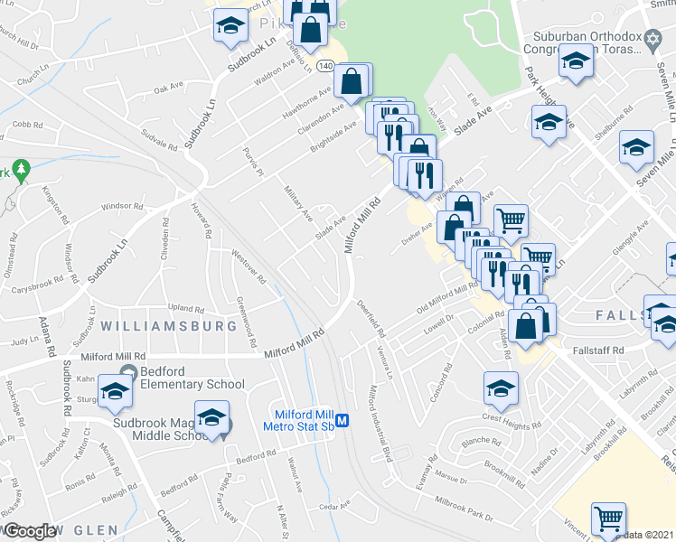 map of restaurants, bars, coffee shops, grocery stores, and more near 98 Warren Park Dr in Pikesville