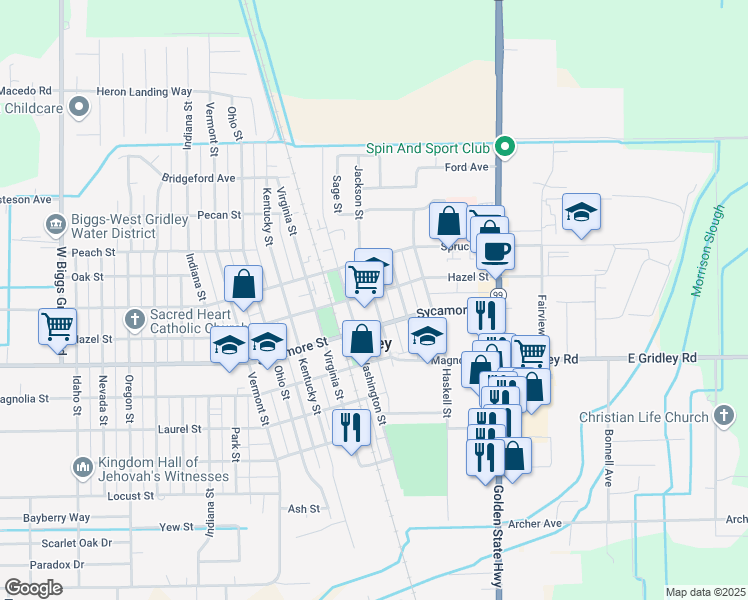 map of restaurants, bars, coffee shops, grocery stores, and more near 581 Jackson Street in Gridley