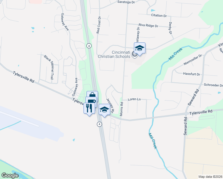 map of restaurants, bars, coffee shops, grocery stores, and more near 7908 Jessies Way in Hamilton
