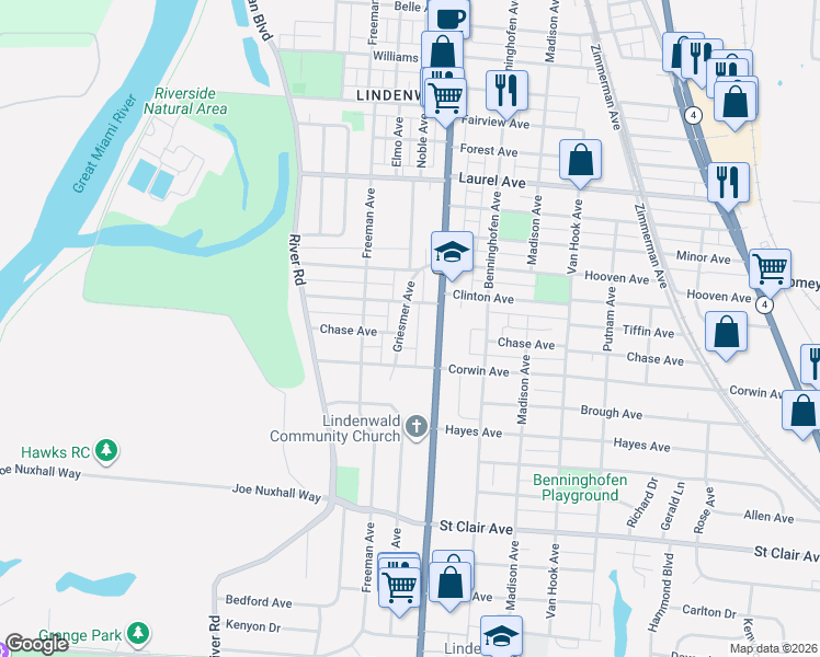 map of restaurants, bars, coffee shops, grocery stores, and more near 3120 Griesmer Avenue in Hamilton