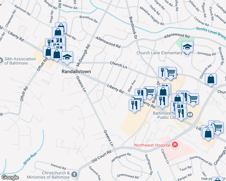 map of restaurants, bars, coffee shops, grocery stores, and more near 8823 Liberty Road in Randallstown