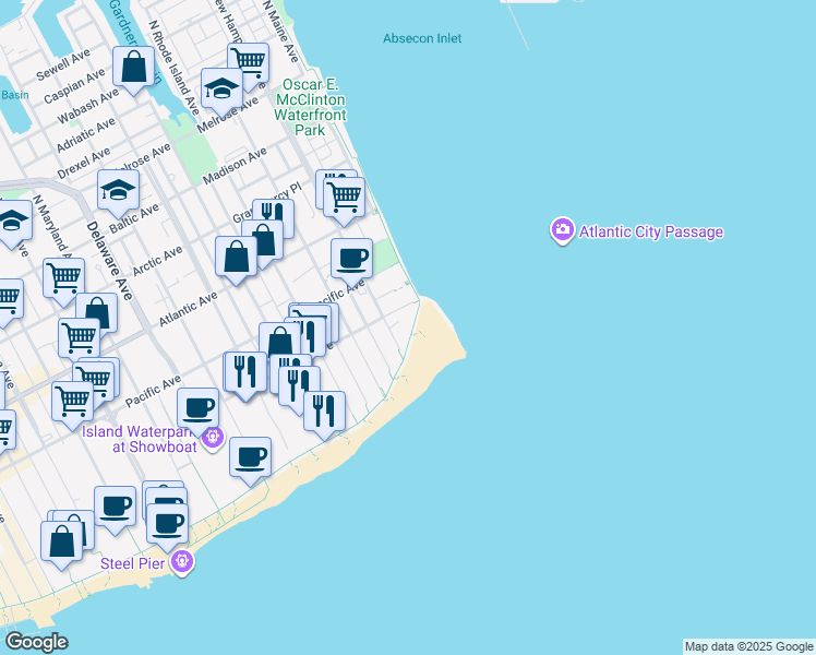 map of restaurants, bars, coffee shops, grocery stores, and more near 101 Boardwalk in Atlantic City