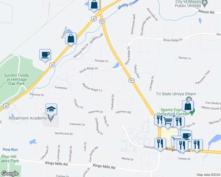 map of restaurants, bars, coffee shops, grocery stores, and more near 3890 Marble Ridge Lane in Mason