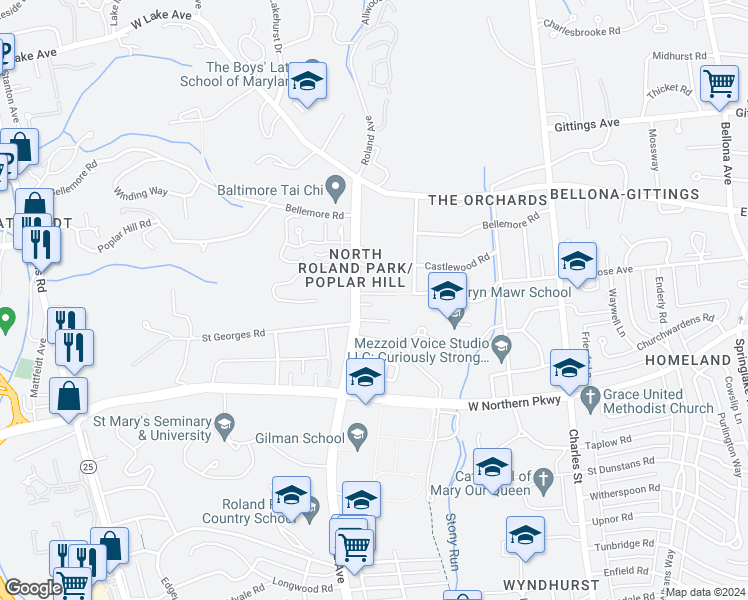 map of restaurants, bars, coffee shops, grocery stores, and more near 5607 Roland Avenue in Baltimore