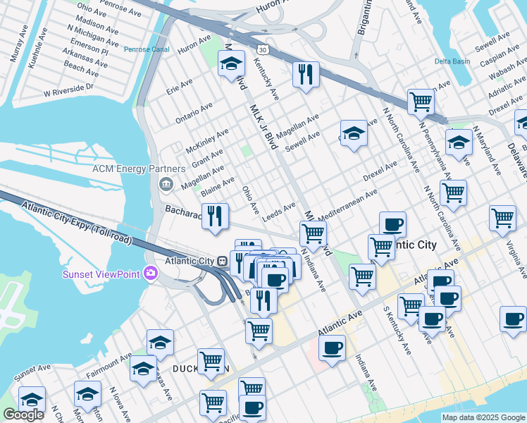 map of restaurants, bars, coffee shops, grocery stores, and more near 406 Trinity Avenue in Atlantic City