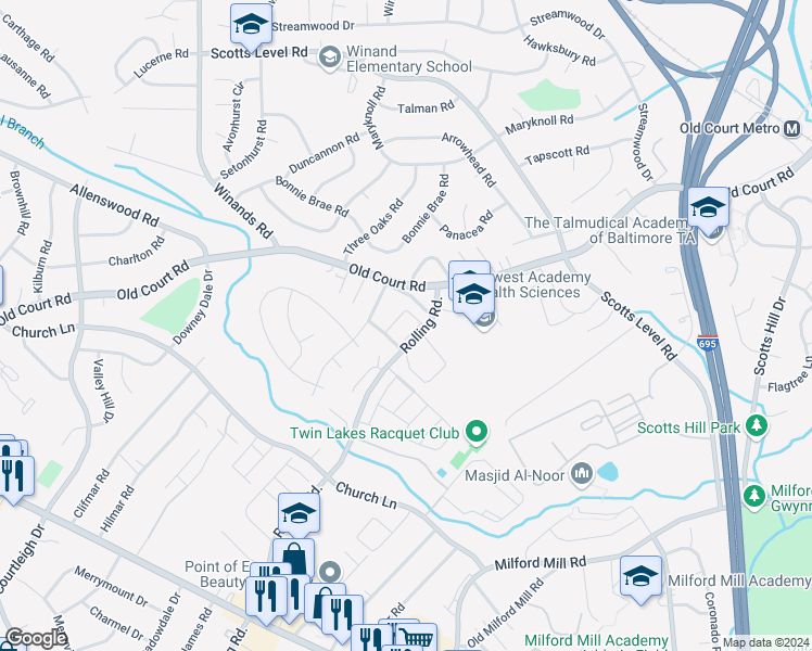 map of restaurants, bars, coffee shops, grocery stores, and more near 3924 Rolling Road in Pikesville