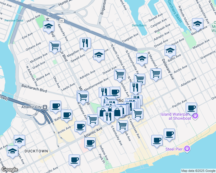map of restaurants, bars, coffee shops, grocery stores, and more near 1416 A Mediterranean Avenue in Atlantic City