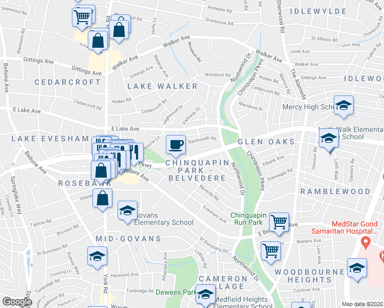map of restaurants, bars, coffee shops, grocery stores, and more near 915 Dartmouth Glen Way in Baltimore