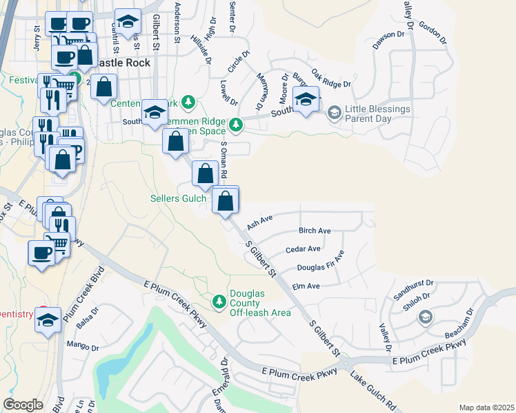 map of restaurants, bars, coffee shops, grocery stores, and more near 113 Ash Avenue in Castle Rock