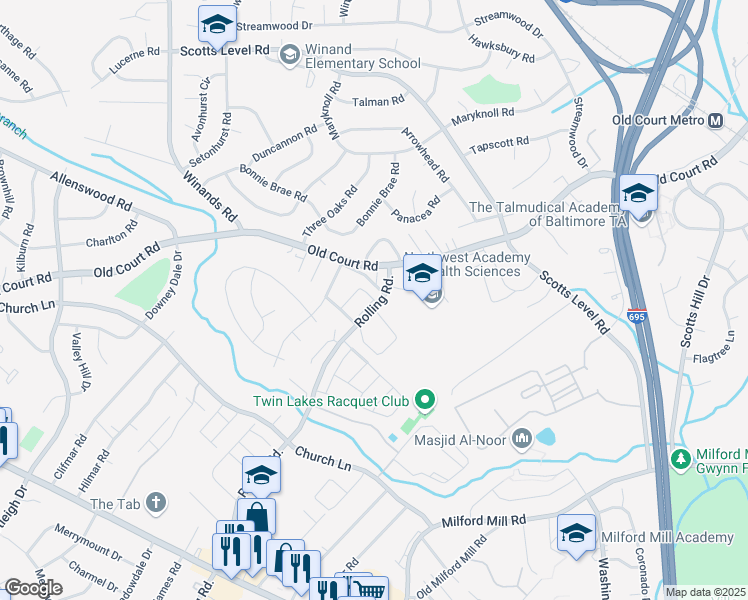 map of restaurants, bars, coffee shops, grocery stores, and more near 1328 Sudvale Road in Pikesville