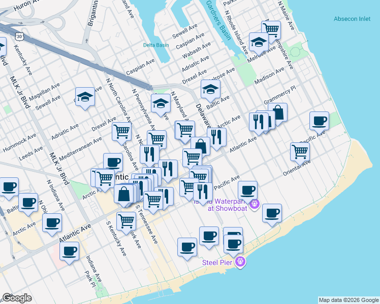 map of restaurants, bars, coffee shops, grocery stores, and more near 31 North Virginia Avenue in Atlantic City