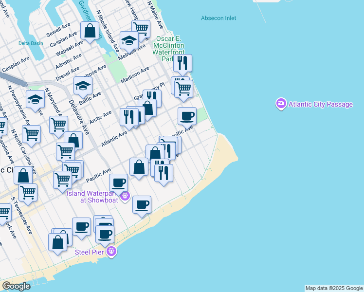 map of restaurants, bars, coffee shops, grocery stores, and more near 130 South Vermont Avenue in Atlantic City