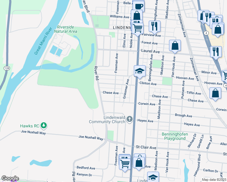 map of restaurants, bars, coffee shops, grocery stores, and more near 348 Chase Avenue in Hamilton